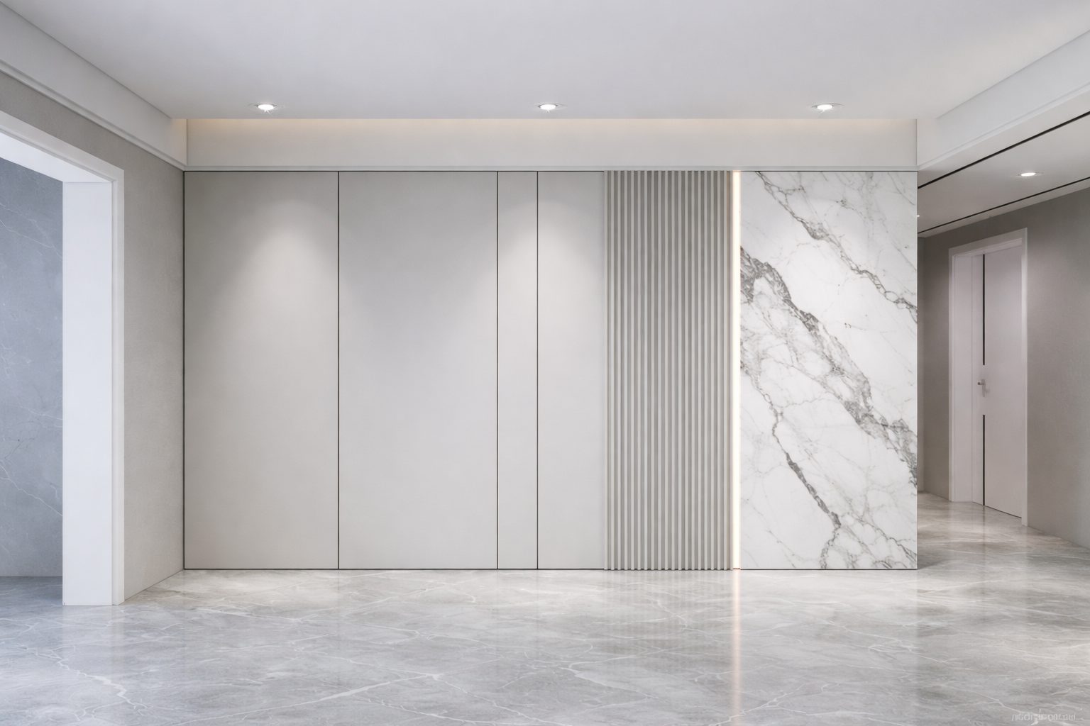 Modern softly lit interior with warm wood paneling