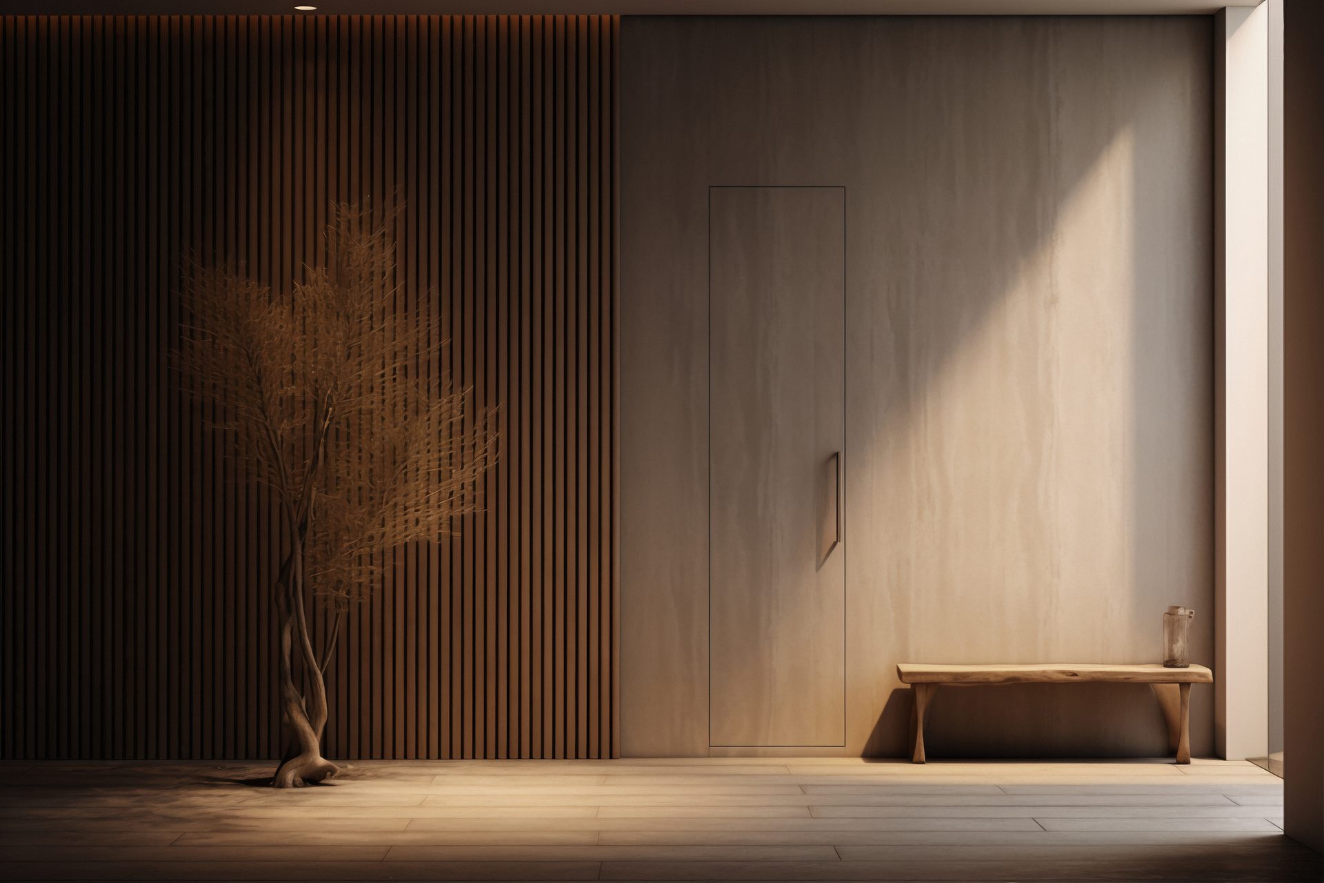 Warm wood-paneled interior with decorative sculpture